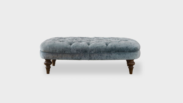 John Sankey Edith Blue velvet Oval Footstool with indented top and polished feet - side 2