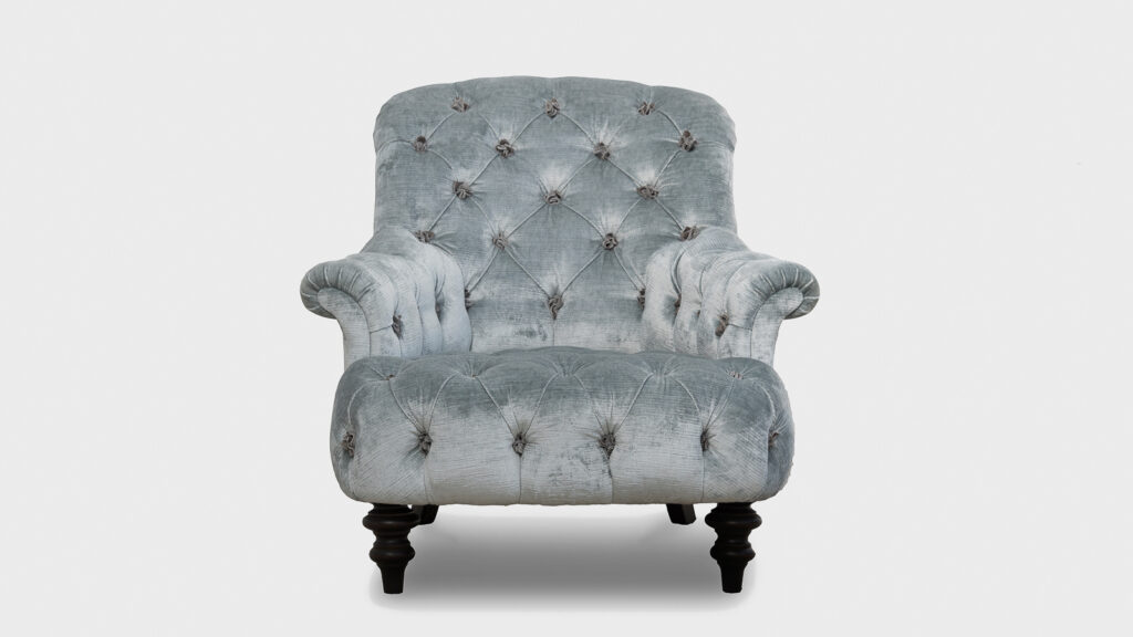 John Sankey Blue Crinoline Chair with leather rosettes for button detail - front