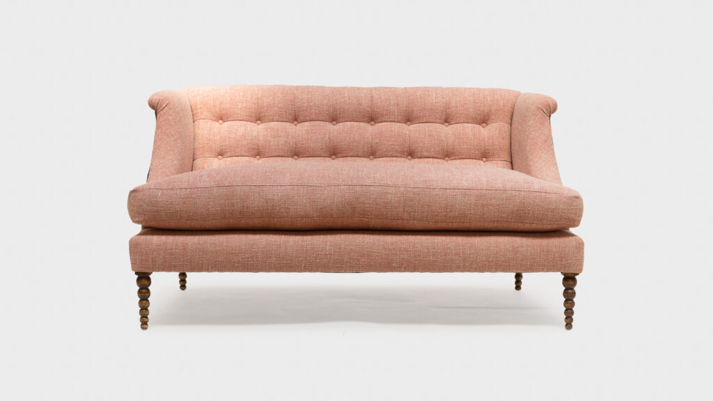 John Sankey Pink Sofa with stripped fabric and bobbin legs - Front