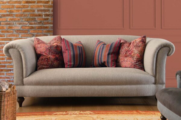 taupe sofa with scroll arms