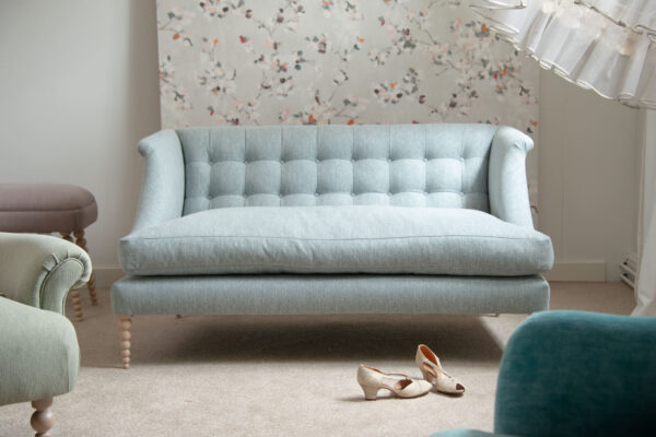 light blue boodle sofa with bobbin legs