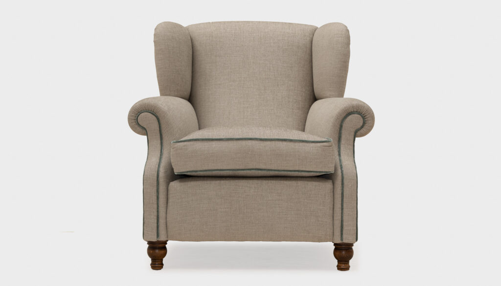 John Sankey Tolstoy Lounge Chair with scroll arms and turned feet - front