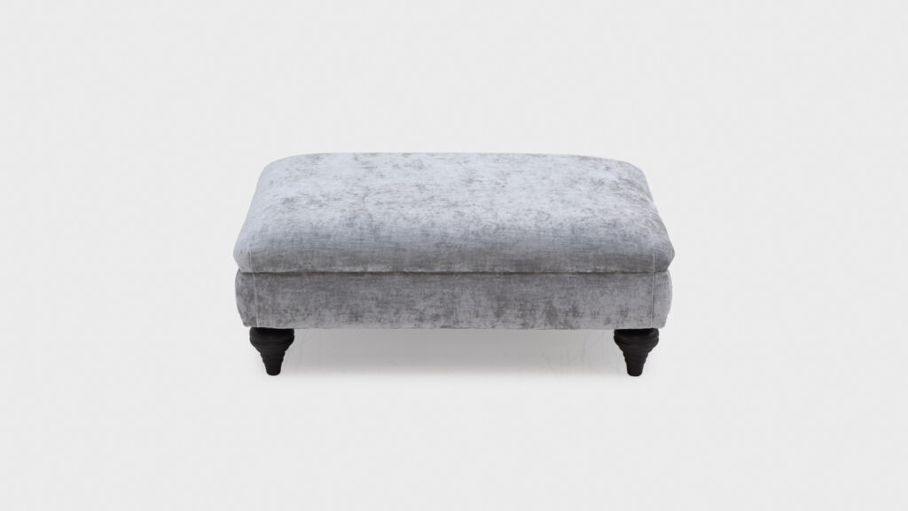 John Sankey Valentine grey velvet footstool with turned legs - top