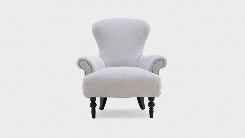 John Sankey Silver velvet Edmund spoon shaped Chair with turned legs - front