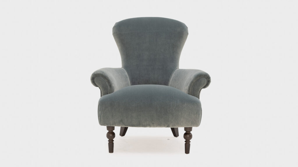 John Sankey Edmund velvet chair with turned legs - front