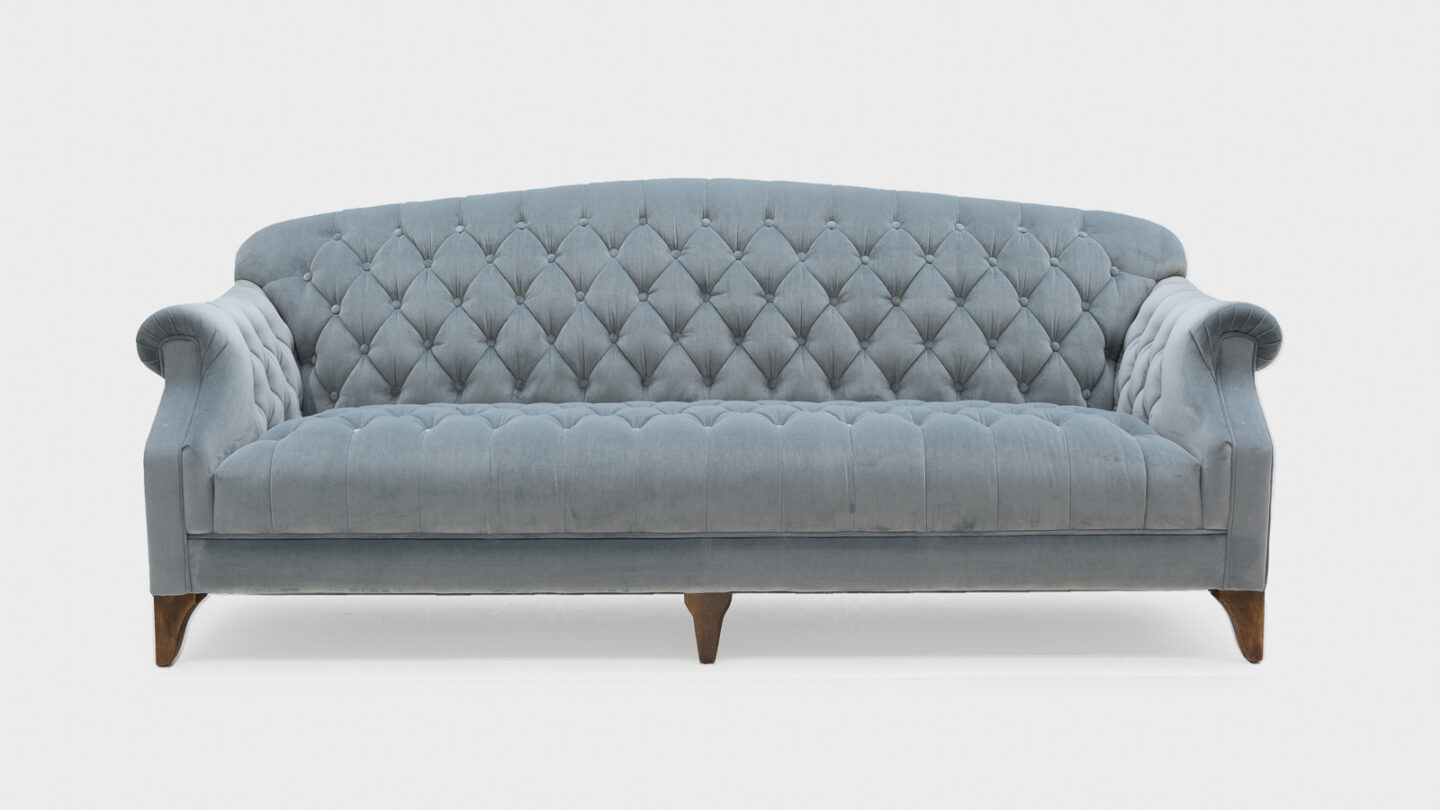 John Sankey Blue velvet sofa with deep buttoning - front