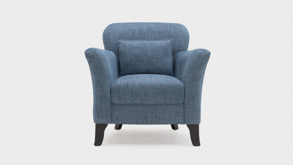 John Sankey Haper Blue Chair with lumbar pillow - front