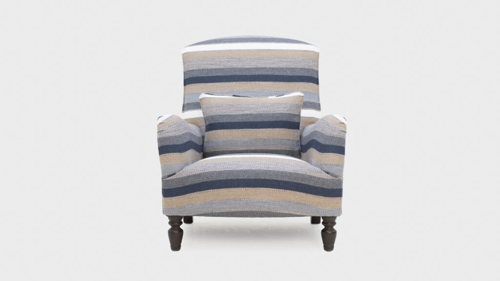 John Sankey Peppy Lounge chair in stripy blue and beige fabric - front