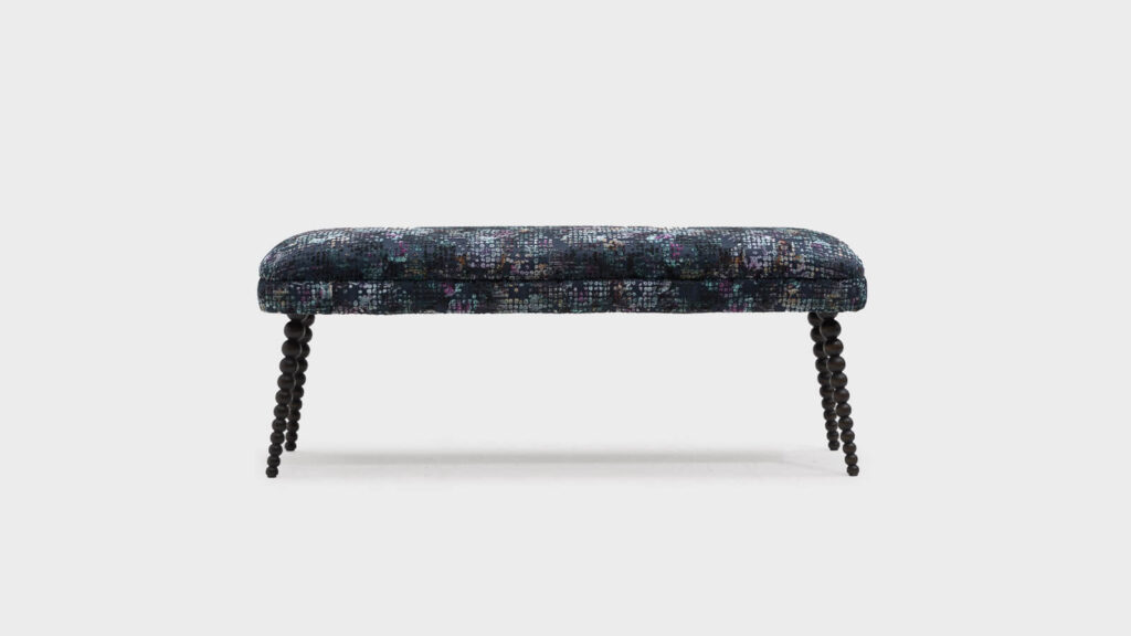 John Sankey Dark Blue Boodle Bench with bobbin legs - front