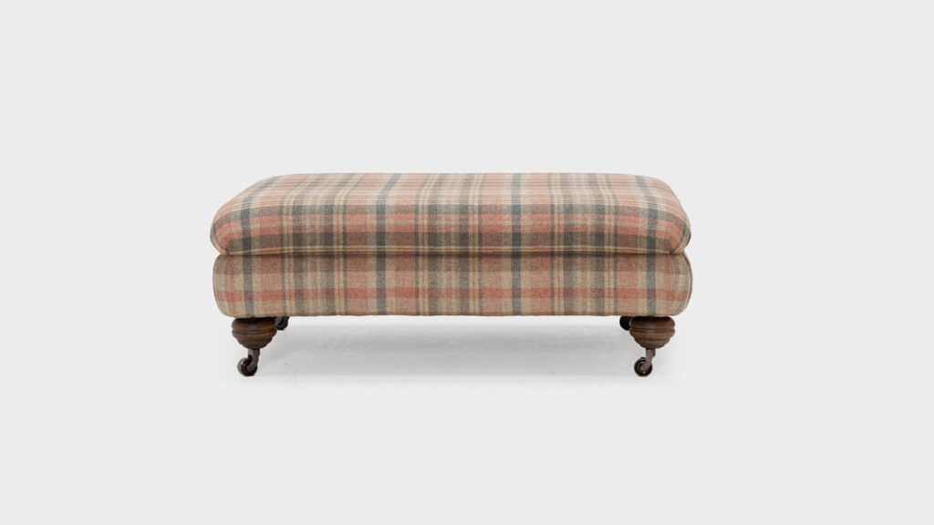 John Sankey flat top footstool in wool plaid with castors - front