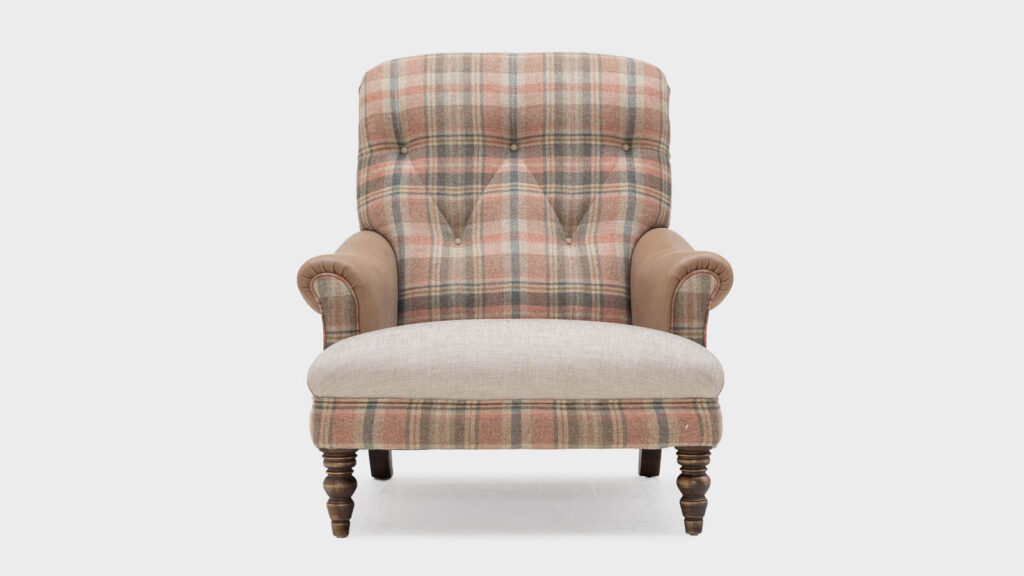 John Sankey hand buttoned wool plaid lounge chair - front