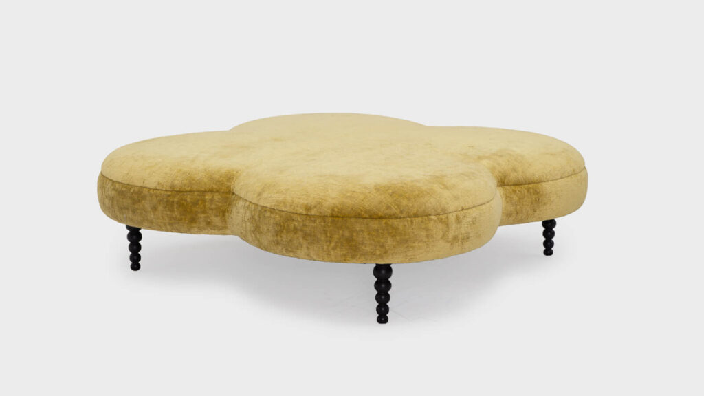 John Sankey clover large ottoman in mustard velvet with bobbin legs - front