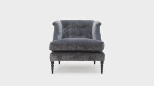 John Sankey grey velvet low compact chair with deep buttoning - front