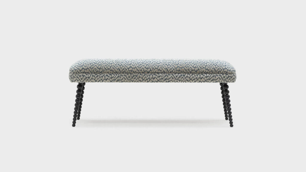 John Sankey Boodle bench covered in a blue and grey viscose velvet tactile print - front
