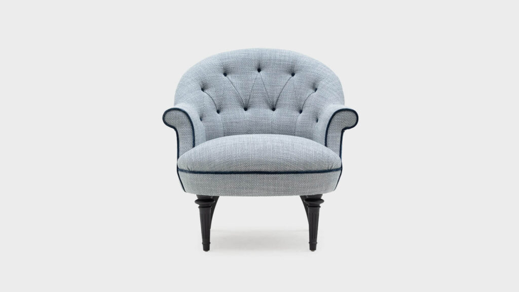 John Sankey Ferdinand blue chair with contrasting piping detail - front