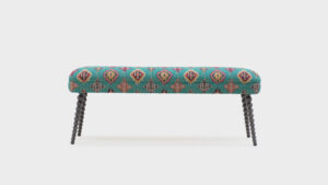 John Sankey Aqua Boodle Bench with dark bobbin legs - front